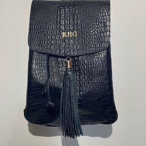 RBG Women's Black Drawstring Genuine Leather Croc Embossed Backpack